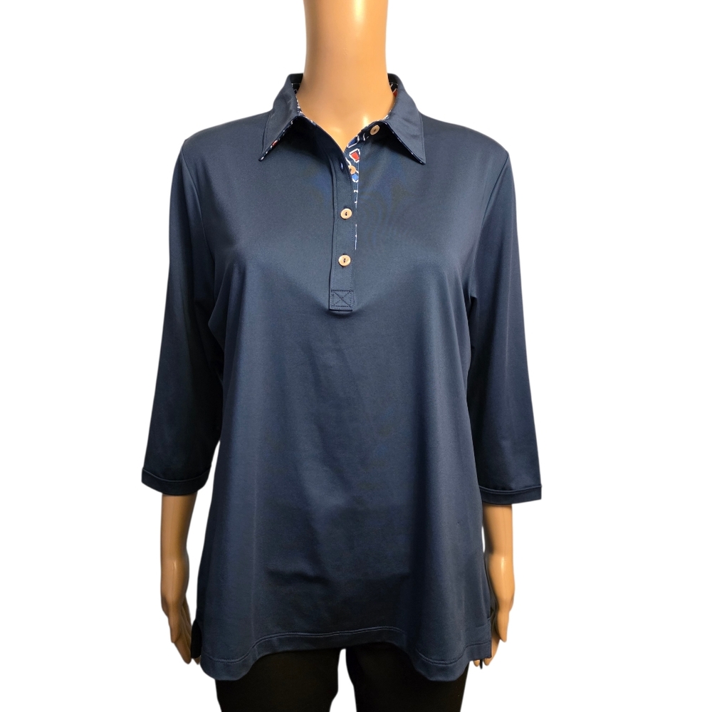 Peter Millar Women's Navy Blue 3/4 Sleeve Polo Gold Shirt Size L